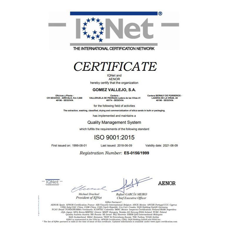 IQNet The International Certification Network: Productos y Servicios de Gómez Vallejo, S.A. Arenas Silíceas Especiales