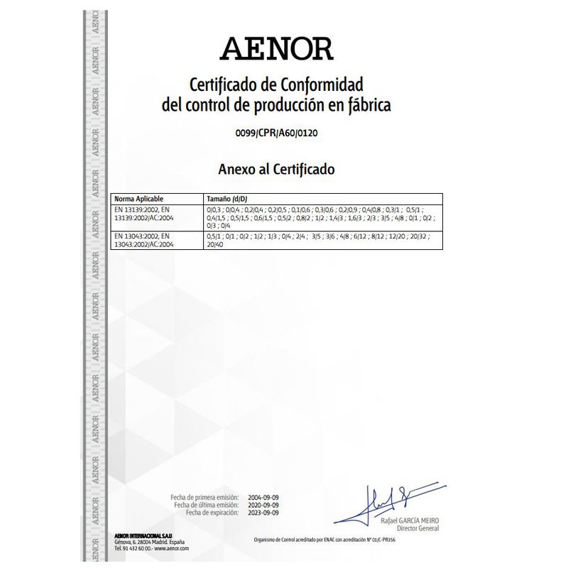 AENOR / Certificado de Conformidad de control de producción en Fábrica: Productos y Servicios de Gómez Vallejo, S.A. Arenas Silíceas Especiales