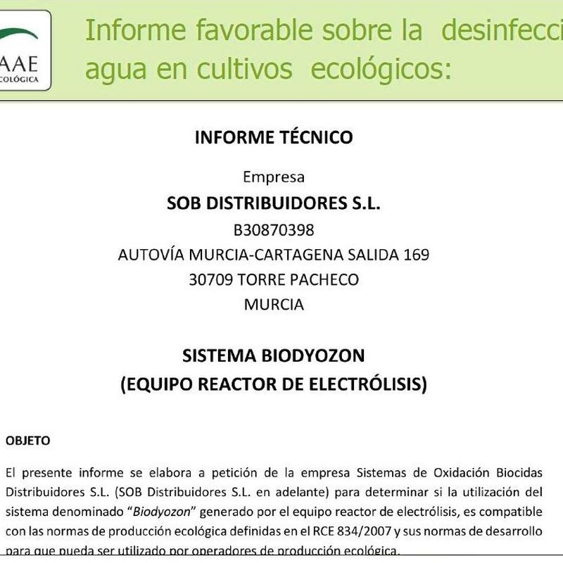 CAAE - informe favorable sobre el uso de Biodyozon en agricultura ecológica: Tratamiento de aguas de SOB Distribuidores