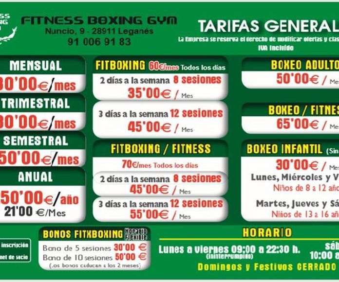 Tarifas generales: Clases y musculaciÃ³n de FITNESS BOXING GYM
