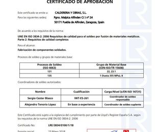 Certificado Llloyd's Register  ISO 3834-2: 2006