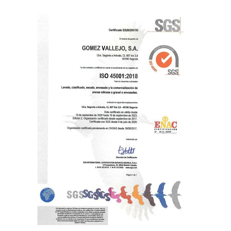 Certificado ISO 45001: Productos y Servicios de Gómez Vallejo, S.A. Arenas Silíceas Especiales