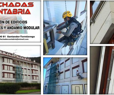 Rehabilitación de fachada combinando andamio y trabajos verticales.