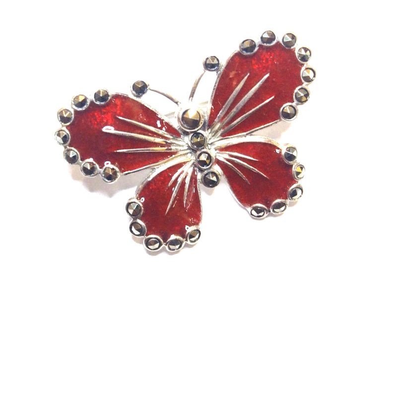 Broche Plata  1º ley con forma  mariposa , laca roja y marcasitas AB-619/74: Catálogo de Antigua Joyeros