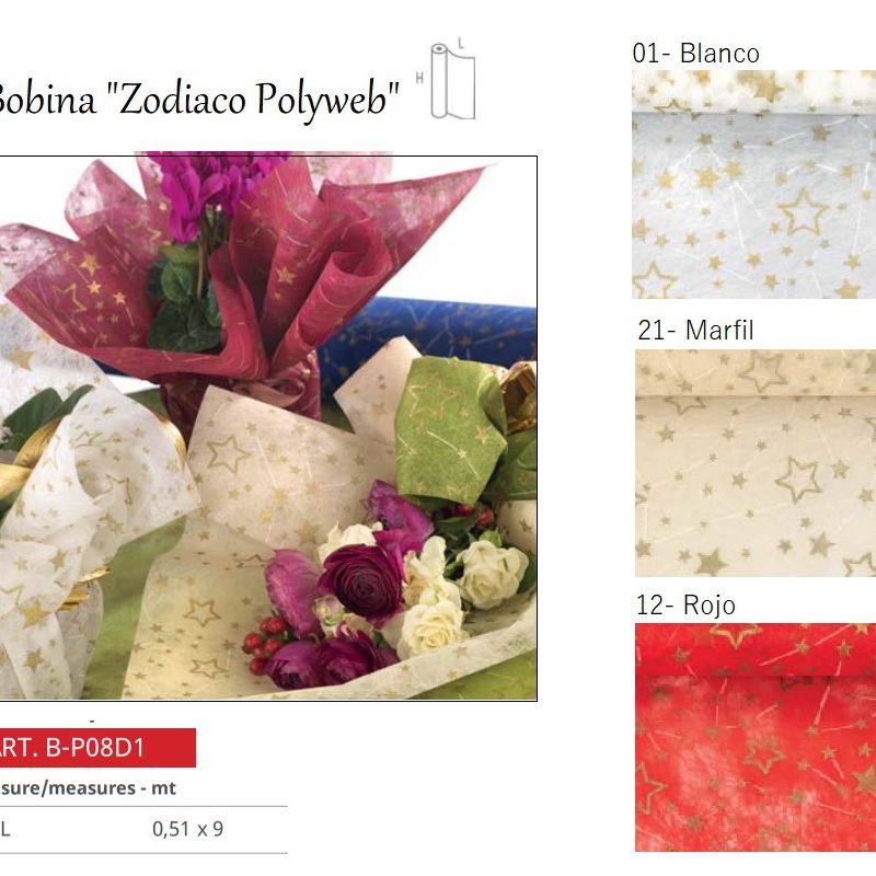Bobina modelo Zodiaco estampada en tejido Polyweb (51 cm x 9 mt) Colores: 01.- Blanco; 12.- Rojo; y 21.- Marfil ref: B-P08D1+ color precio: 7,50€