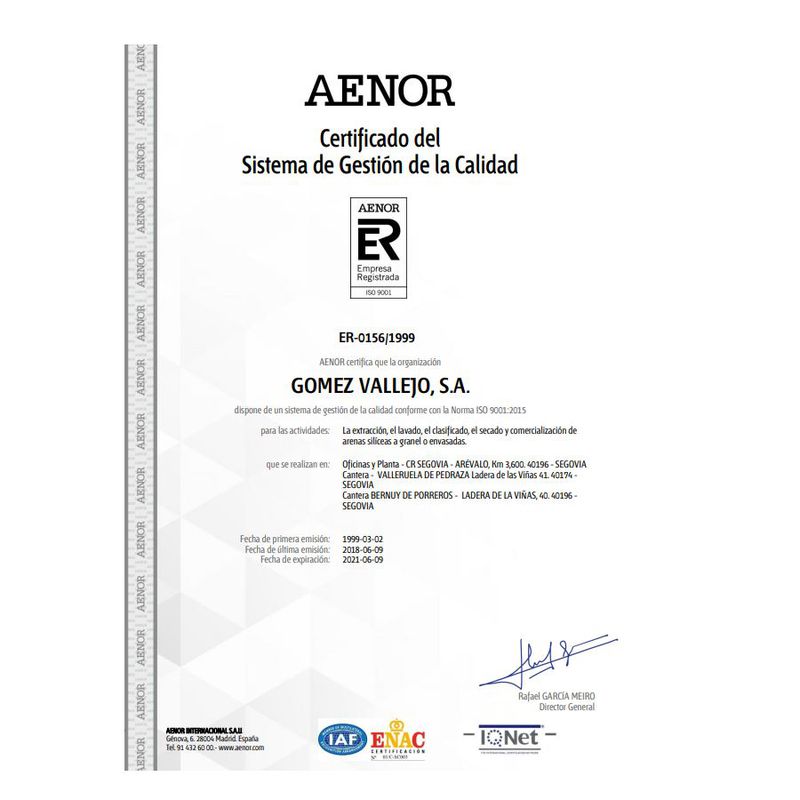 AENOR / Certificado del Sistema de Gestión de la Calidad: Productos y Servicios de Gómez Vallejo, S.A. Arenas Silíceas Especiales