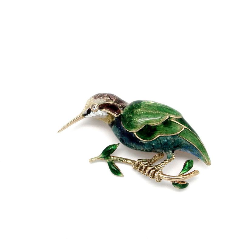 Broche de colibrí en oro de 18k con esmalte y un brillante.Moderno.: Catálogo de Antigua Joyeros