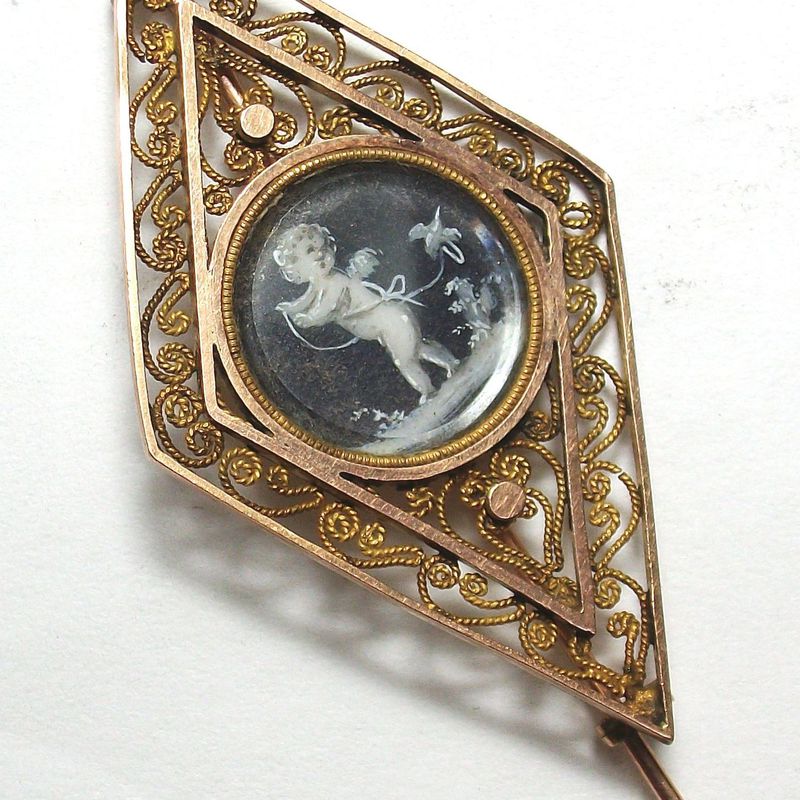 Broche de oro de 18k con tondo pintado en acuarela. S.XIX: Catálogo de Antigua Joyeros
