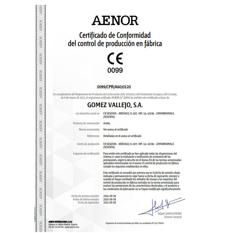 AENOR / Certificado de Conformidad de control de producción en Fábrica: Productos y Servicios de Gómez Vallejo, S.A. Arenas Silíceas Especiales