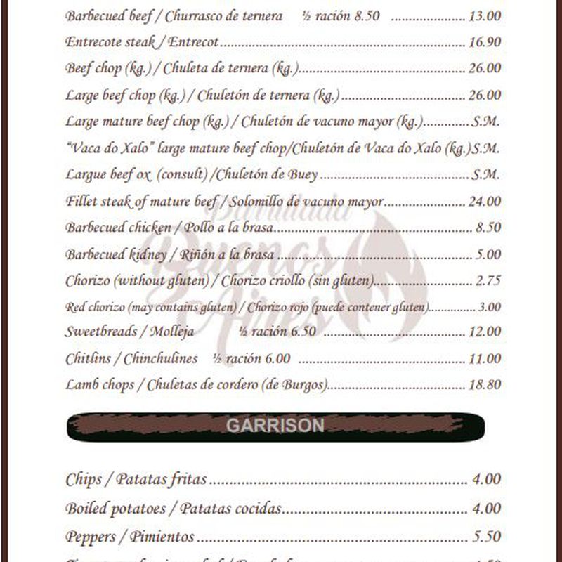 Restaurant Menu de Parrillada Buenos Aires