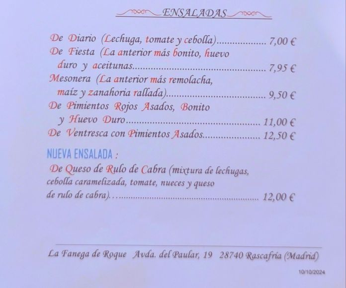 ENSALADAS: Carta de La Fanega de Roque - Comedor Solariego