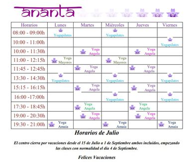 Horarios mes de Julio